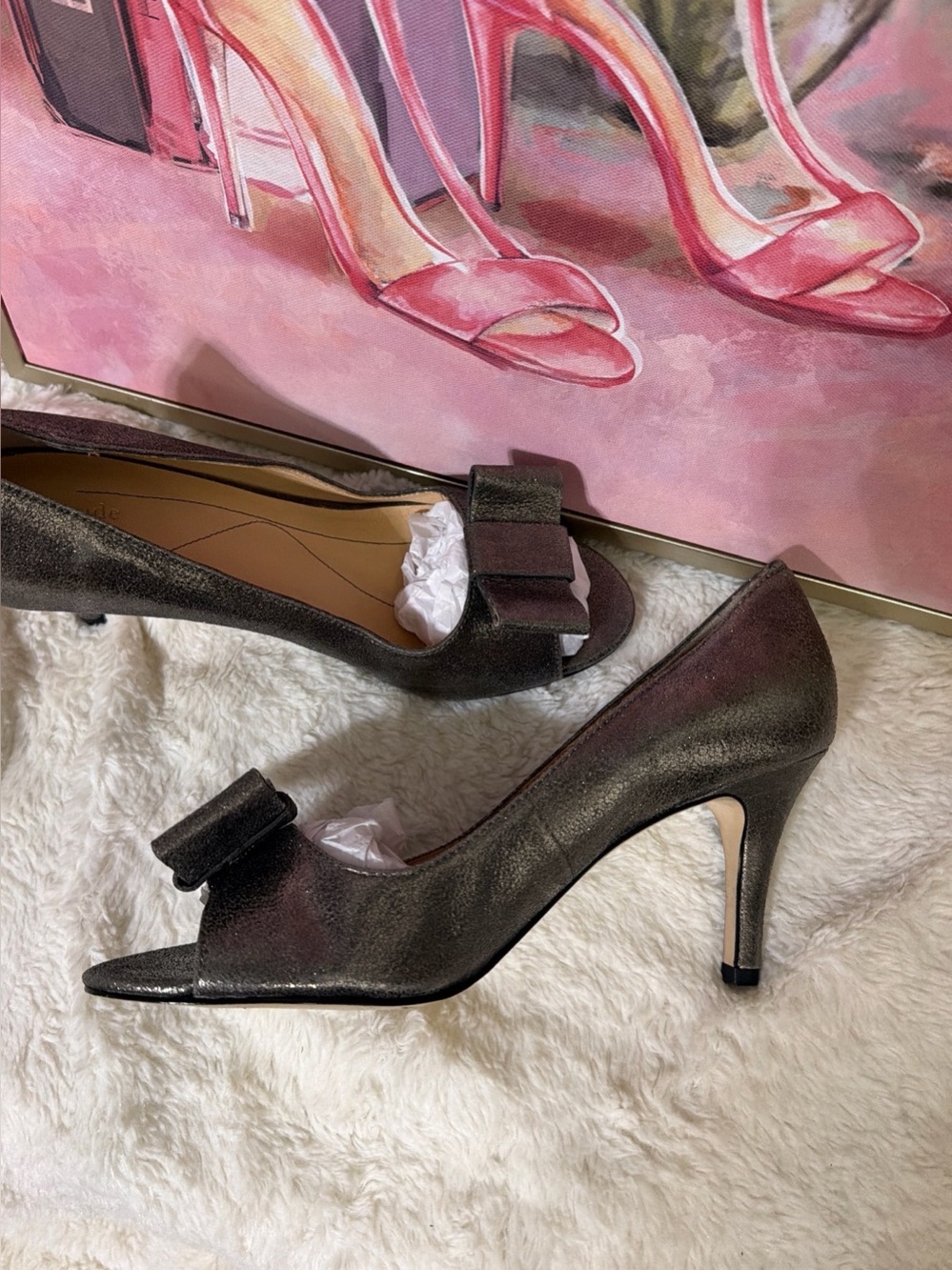 Kate Spade Bow Peep Toe Heels Metallic Pewter Pumps Size 8.5M Wedding Party